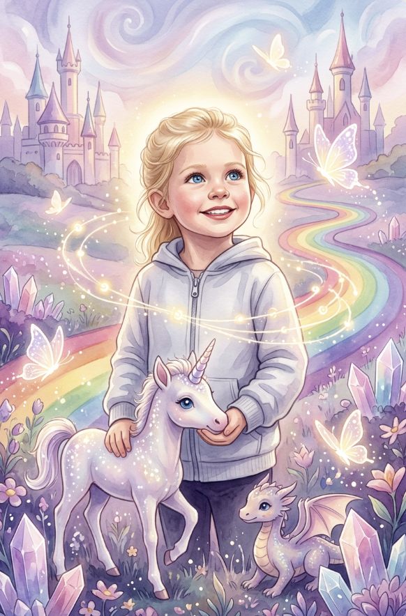 Real Kidavio Hero Poster: a child with a baby unicorn and tiny dragon in a rainbow crystal meadow