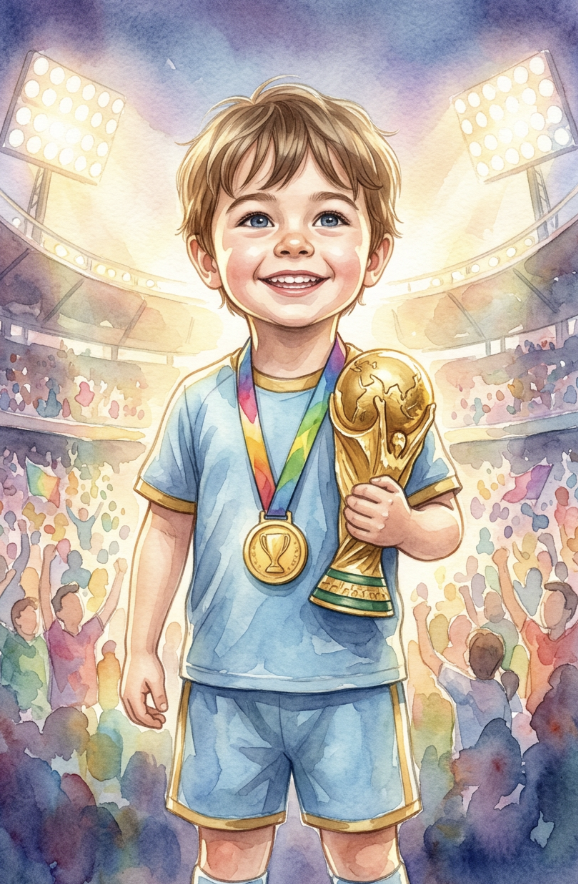 Real Kidavio Hero Poster: a boy holding a golden trophy and medal in a floodlit stadium