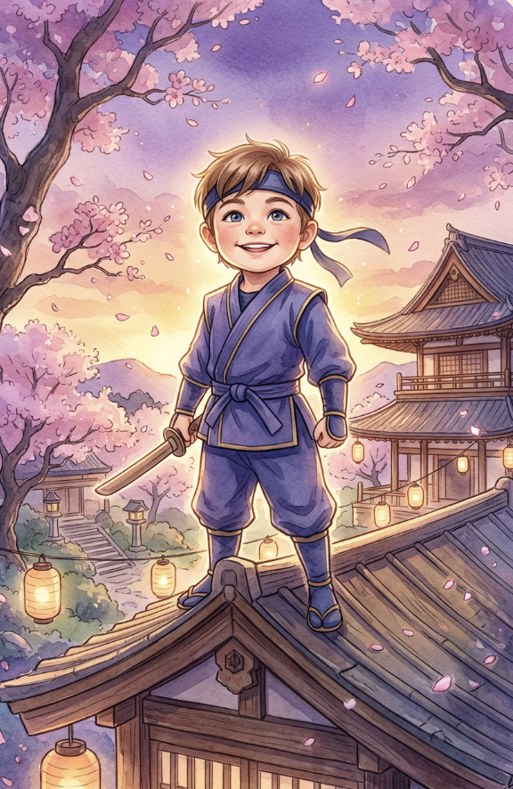 Real Kidavio Hero Poster: a boy in blue ninja clothing on a temple roof under cherry blossoms