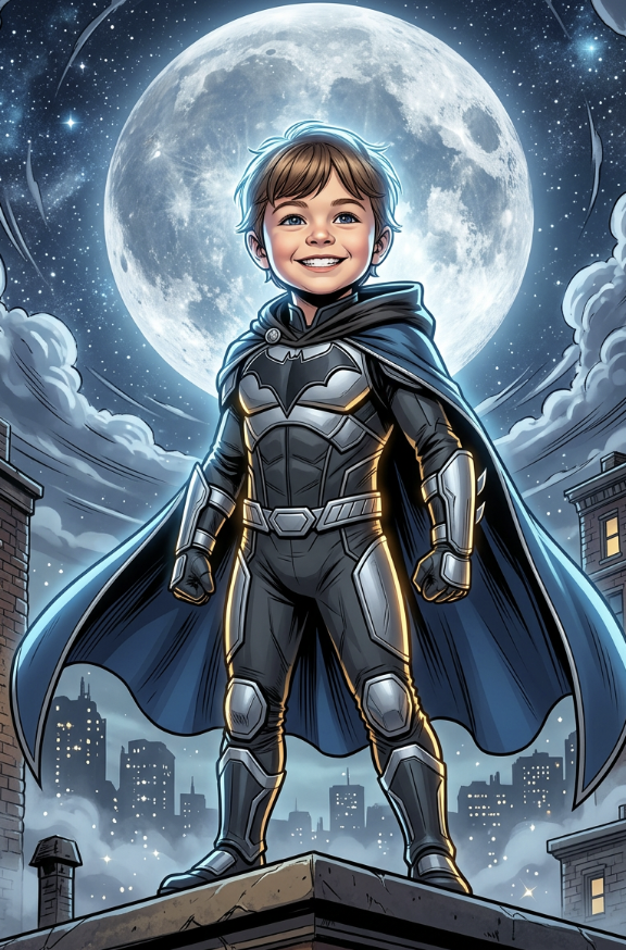 Real Kidavio Hero Poster: a boy in dark armor with a cape on a rooftop under a full moon