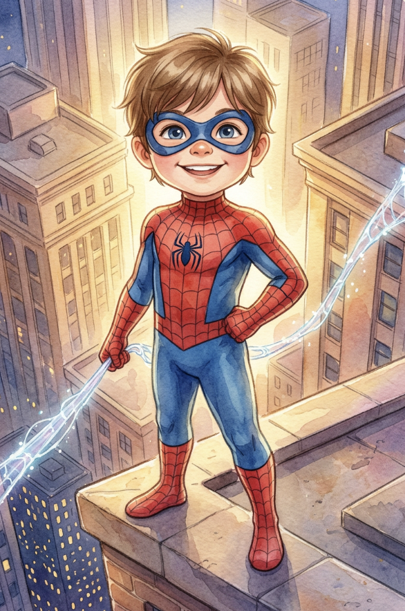 Real Kidavio Hero Poster: a boy in a red and blue web-slinger suit standing on a rooftop above the city