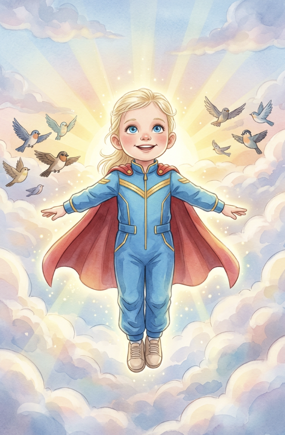 Real Kidavio Hero Poster: a child in a blue and gold flight suit with a red cape soaring above the clouds